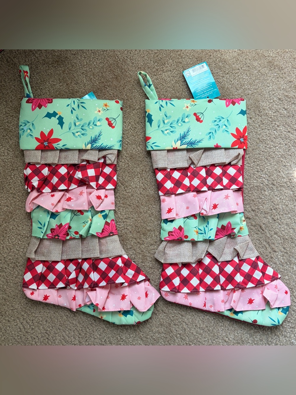 Pioneer Woman 20” Green Retro Floral Ruffle Polyester Christmas Stocking , x2